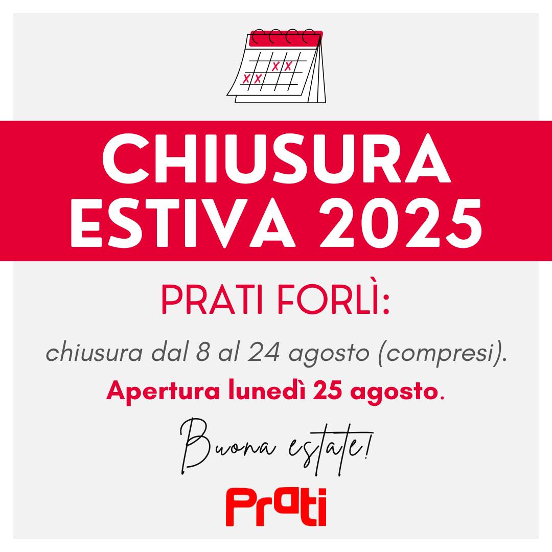 ⚠️ Chiusura estiva 2025 ⚠️
I nostri magazzini osserveranno il seguente programma di chiusura:
📍 Prati Forlì: 
chiusura da venerdì 8 a domenica 24 agosto (compresi).
Apertura lunedì 25 agosto.
Il magazzino di Prati Rimini non effettua chiusura estiva.
°
#Prati #Prati_ingrosso